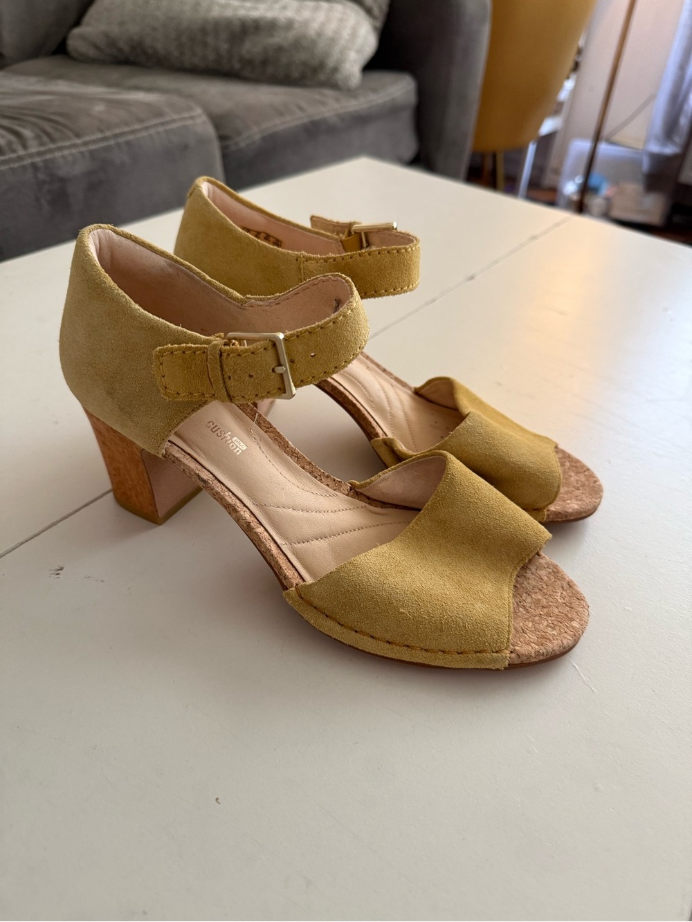 Clarks Spiced Olivia Mustard Yellow Suede Cork Block Heel Sandals Boho Neutral